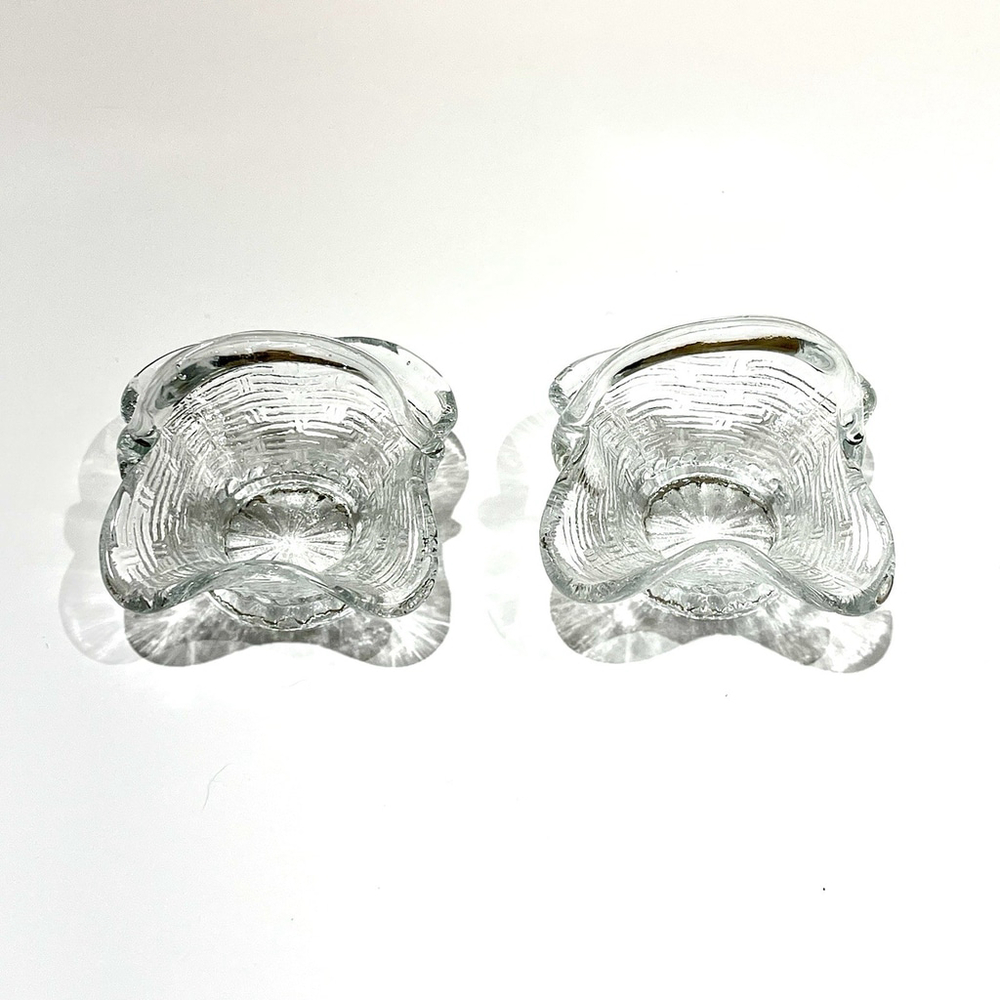 (2) Vtg Small Clear Glass Woven Bride Basket w/Handle & Ruffled Edge 3.5"x3.5"